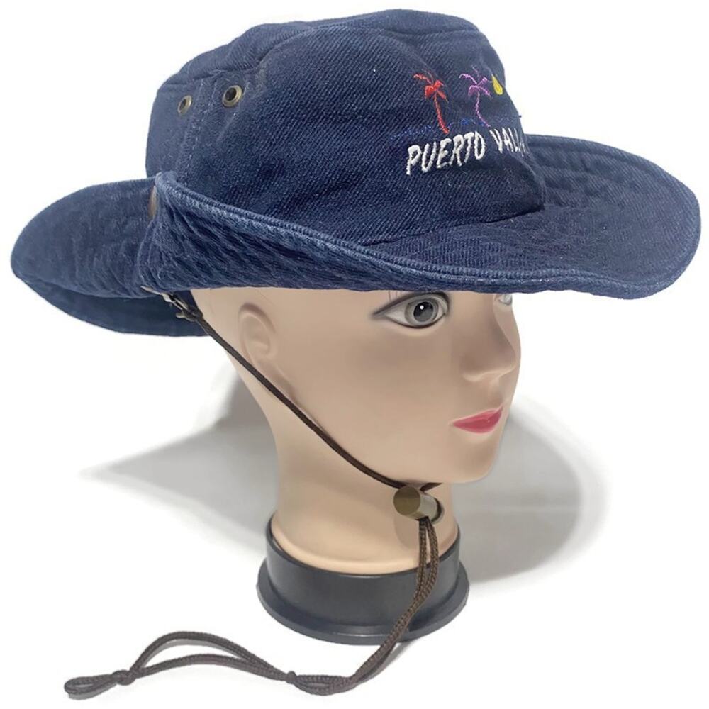 Puerto Vallarta Safari Outback Hat Blue Denim With Chin Strap Embroidered